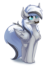 Size: 2496x3304 | Tagged: safe, artist:witchtaunter, imported from derpibooru, oc, oc only, oc:silver edge, pegasus, pony, chest fluff, cute, ear fluff, feminine stallion, grimcute, holding, knife, mouth hold, shoulder fluff, simple background, solo, standing, white background