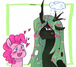 Size: 2048x1820 | Tagged: safe, artist:dmitrymemovznok, imported from derpibooru, pinkie pie, queen chrysalis, changeling, earth pony, pony, bow, bust, duo, frown, heart, open mouth, smiling