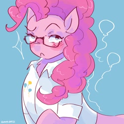Size: 2048x2048 | Tagged: safe, artist:dmitrymemovznok, imported from derpibooru, pinkie pie, earth pony, pony, blushing, clothes, eyebrows, frown, glasses, raised eyebrow, simple background, solo, standing