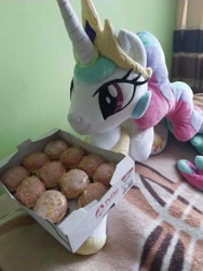 Size: 4896x6528 | Tagged: safe, artist:adamar44, artist:k.r.e.d.k.e, imported from derpibooru, princess celestia, alicorn, pony, absurd resolution, donut, fat thursday, female, food, holiday, irl, jewelry, lying down, mare, photo, plushie, poland, polish, prone, regalia, solo