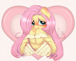 Size: 1000x804 | Tagged: safe, artist:inkypuso, imported from derpibooru, fluttershy, pegasus, pony, blushing, cute, daaaaaaaaaaaw, ear blush, feather fingers, female, heart, heart background, heart hands, holiday, hooves to the chest, looking at you, mare, shy, shyabetes, smiling, smiling at you, solo, valentine's day, wing hands, wings