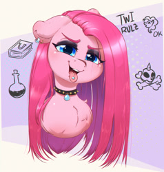 Size: 951x1000 | Tagged: safe, artist:inkypuso, imported from derpibooru, pinkie pie, earth pony, pony, bust, chest fluff, choker, cute, cuteamena, ear piercing, earring, female, floppy ears, jewelry, looking at you, mare, night in the woods, open mouth, open smile, piercing, pinkamena diane pie, punkamena, punkie pie, smiling, smiling at you, solo, spiked choker, tongue out, tongue piercing