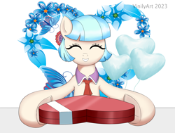 Size: 1524x1152 | Tagged: safe, artist:vinilyart, imported from derpibooru, coco pommel, earth pony, pony, balloon, box of chocolates, chocolate, cocobetes, cute, eyes closed, flower, food, heart, heart balloon, hearts and hooves day, holiday, looking at you, open mouth, open smile, simple background, smiling, smiling at you, valentine's day, white background