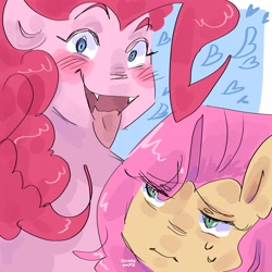 Size: 2048x2048 | Tagged: safe, artist:dmitrymemovznok, imported from derpibooru, fluttershy, pinkie pie, earth pony, pegasus, pony, blushing, close-up, duo, frown, heart, sharp teeth, smiling, sweat, sweatdrop, teeth, tongue out