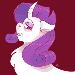 Size: 2048x2048 | Tagged: safe, artist:dmitrymemovznok, imported from derpibooru, rarity, pony, unicorn, bags under eyes, bust, chest fluff, red background, side view, simple background, smiling, smirk, solo