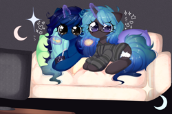 Size: 8901x5902 | Tagged: safe, artist:arwencuack, imported from derpibooru, oc, oc only, oc:midnight specter, oc:nightlight canvas, alicorn, unicorn, big eyes, chips, clothes, commission, couch, cute, eating, female, food, glasses, hoodie, long hair, long mane, long tail, magic, magic aura, multicolored hair, pillow, siblings, sisters, sitting, starry eyes, tail, television, watching tv