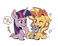 Size: 2736x2144 | Tagged: safe, artist:yanming98294, imported from derpibooru, sunset shimmer, twilight sparkle, alicorn, pony, unicorn, cup, female, mare, mouth hold, simple background, speech bubble, teacup, teapot, twilight sparkle (alicorn), white background