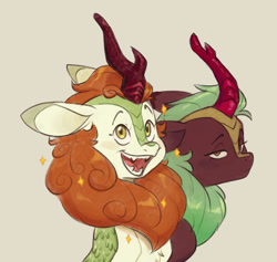 Size: 1280x1212 | Tagged: safe, artist:chub-wub, imported from derpibooru, autumn blaze, cinder glow, summer flare, kirin, awwtumn blaze, blushing, cute, duo, duo female, fangs, female, horn, open mouth, smiling, sparkles, teeth