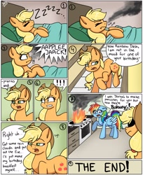 Size: 2189x2688 | Tagged: safe, artist:galaxy swirl, imported from derpibooru, applejack, rainbow dash, earth pony, pegasus, pony, appledash, applejack's hat, bed, blanket, comic, cowboy hat, dialogue, exclamation point, female, fire, frying pan, hat, interrobang, lesbian, onomatopoeia, oven, question mark, shipping, smoke, sound effects, speech bubble, zzz