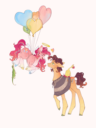 Size: 3375x4500 | Tagged: safe, artist:qpnnn, imported from derpibooru, boneless, cheese sandwich, gummy, pinkie pie, alligator, earth pony, pony, balloon, biting, cheesepie, clothes, coat markings, female, floating, floating heart, halo, heart, heart balloon, hooves, male, mare, multicolored hooves, poncho, shipping, simple background, socks (coat markings), stallion, straight, tail, tail bite, then watch her balloons lift her up to the sky, unshorn fetlocks, white background