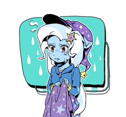 Size: 2368x2204 | Tagged: safe, artist:yanming98294, imported from derpibooru, trixie, human, equestria girls, cape, clothes, crying, cute, diatrixes, female, hat, hoodie, sad, sadorable, simple background, skirt, solo, trixie's cape, trixie's hat, white background