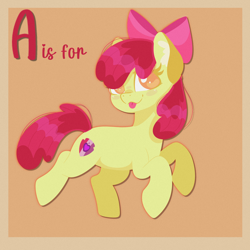 Size: 2048x2048 | Tagged: safe, artist:plushtrapez, imported from derpibooru, apple bloom, earth pony, pony, :p, adorabloom, apple bloom's bow, bow, cute, female, filly, foal, hair bow, simple background, solo, text, tongue out