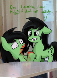 Size: 446x604 | Tagged: safe, artist:nonnyanon, oc, oc only, oc:filly anon, earth pony, pony, blood, dialogue, drawthread, duo, female, filly, nosebleed, shrunken pupils