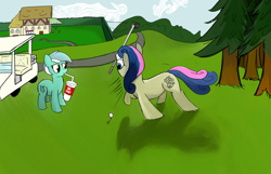 Size: 2800x1800 | Tagged: safe, artist:nonnyanon, bon bon, lyra heartstrings, sweetie drops, earth pony, pony, unicorn, cup, drawthread, drinking, drinking straw, duo, female, golf, golf club, golf course, mare, missing horn, mouth hold, sports, unfinished art