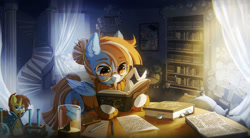 Size: 1920x1060 | Tagged: safe, artist:astralblues, imported from derpibooru, sunburst, oc, oc only, pegasus, pony, book, bookshelf, clothes, curtains, figurine, glasses, pencil, reading, solo, stairs, sundial, sweater, test tube, window