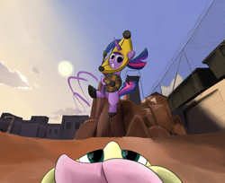 Size: 1866x1524 | Tagged: safe, artist:nonnyanon, fluttershy, twilight sparkle, pegasus, pony, unicorn, banana suit, duo, female, mare, pl badwater, team fortress 2, ullapool caber