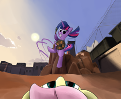 Size: 1866x1524 | Tagged: safe, artist:nonnyanon, fluttershy, twilight sparkle, pegasus, pony, unicorn, duo, female, mare, pl badwater, team fortress 2, ullapool caber