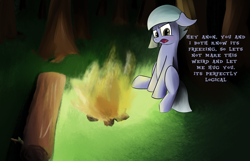 Size: 1866x1200 | Tagged: safe, artist:nonnyanon, limestone pie, earth pony, pony, blushing, campfire, dialogue, female, fire, floppy ears, forest, implied anon, log, mare, offscreen character, open mouth, pov, sitting, text, tree