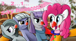 Size: 2800x1530 | Tagged: safe, artist:nonnyanon, limestone pie, marble pie, maud pie, pinkie pie, carnival, clown, pie sisters, siblings, sisters