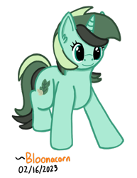 Size: 442x573 | Tagged: safe, artist:bloonacorn, oc, oc only, oc:herbal remedy, pony, unicorn, ear fluff, flipped cutie mark, horn, signature, simple background, smiling, transparent background, unicorn oc