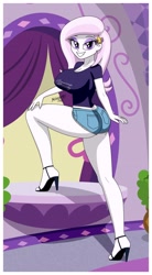 Size: 2255x4096 | Tagged: safe, alternate version, artist:sonork91, imported from twibooru, fleur-de-lis, equestria girls, ass, big breasts, breasts, butt, clothes, daisy dukes, feet, female, fleur-de-rriere, fleur-de-seins, grin, high heels, high res, image, legs, lidded eyes, looking at you, miss fleur is trying to seduce us, needs more jpeg, sandals, shirt, shoes, shorts, smiling, smiling at you, solo, t-shirt, thighs