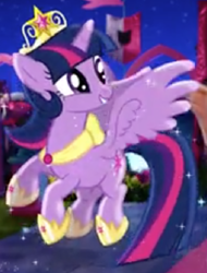 Size: 614x807 | Tagged: artist needed, source needed, safe, imported from derpibooru, twilight sparkle, alicorn, magical mystery cure, beautiful, commercial, crown, cute, element of magic, female, flying, hoof shoes, i can't believe it's not hasbro studios, jewelry, necklace, princess shoes, real life background, regalia, sparkles, sparkling, twilight sparkle (alicorn), wings