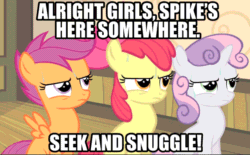 Size: 960x597 | Tagged: safe, edit, edited screencap, editor:undeadponysoldier, imported from ponybooru, screencap, apple bloom, scootaloo, sweetie belle, pony, cutie mark crusaders, female, filly, foal, hide and seek, implied shipping, implied snuggling, implied spike, meme, puffed chest, text, this will end in snuggles, this will end well