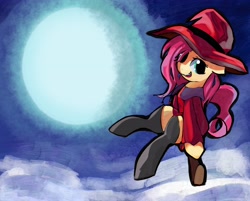 Size: 4374x3508 | Tagged: safe, artist:solid shrimp, imported from derpibooru, fluttershy, pegasus, pony, aside glance, broom, clothes, female, flying, flying broomstick, full moon, hat, high res, looking at you, moon, night, open mouth, open smile, outdoors, sitting, smiling, smiling at you, solo, stockings, thigh highs, witch, witch hat