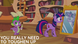Size: 1920x1080 | Tagged: safe, edit, edited screencap, editor:quoterific, imported from derpibooru, screencap, spike, twilight sparkle, dragon, pony, unicorn, it's about time, season 2, book, bookshelf, dirty, duo, duo male and female, female, frown, golden oaks library, ladder, looking, looking back, male, mare, messy, messy mane, mirror, open mouth, open smile, reflection, scroll, scuff mark, smiling, unicorn twilight