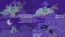 Size: 2000x1125 | Tagged: safe, edit, edited screencap, editor:quoterific, imported from derpibooru, screencap, princess celestia, twilight sparkle, alicorn, pony, horse play, cloud, crescent moon, crown, duo, duo female, ethereal mane, ethereal tail, female, floppy ears, flying, hoof shoes, jewelry, mare, moon, night, night sky, open mouth, open smile, peytral, regalia, sad, sky, smiling, spread wings, tail, twilight sparkle (alicorn), wings
