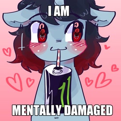 Size: 2048x2048 | Tagged: safe, artist:dmitrymemovznok, imported from derpibooru, pony, unicorn, blushing, drinking straw, ear piercing, food, freckles, gradient background, heart, meme, monster energy, piercing, sitting, solo, text, wingding eyes