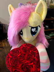 Size: 1350x1800 | Tagged: safe, artist:natureshy, imported from derpibooru, fluttershy, pegasus, pony, clothes, cute, heart, heart eyes, hearts and hooves day, holiday, irl, photo, plushie, pony plushie, present, socks, solo, striped socks, valentine, valentine's day, wingding eyes