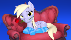 Size: 3840x2160 | Tagged: safe, artist:owlpirate, imported from derpibooru, derpy hooves, pegasus, pony, 3d, 4k, clothes, couch, female, flower, flower in mouth, gradient background, hearts and hooves day, high res, looking at you, lying down, mare, mouth hold, prone, rose, rose in mouth, socks, solo, source filmmaker, striped socks, valentine's day card