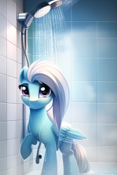 Size: 512x768 | Tagged: safe, imported from derpibooru, fleetfoot, pegasus, pony, ai content, ai generated, female, generator:novelai, generator:stable diffusion, mare, shower, solo, steam, water, wet, wet mane