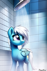 Size: 512x768 | Tagged: safe, imported from derpibooru, fleetfoot, pegasus, pony, ai content, ai generated, alternate cutie mark, female, generator:novelai, generator:stable diffusion, mare, shower, solo, steam, water, wet, wet mane, wrong cutie mark