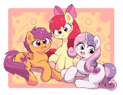 Size: 2048x1571 | Tagged: safe, artist:leo19969525, imported from derpibooru, apple bloom, scootaloo, sweetie belle, earth pony, pegasus, pony, unicorn, adorabloom, apple bloom's bow, blushing, bow, cute, cutealoo, cutie mark crusaders, cutie mark cuties, diasweetes, ears, ears up, green eyes, hair bow, horn, open mouth, orange eyes, pink eyes, sitting, smiling, the cmc's cutie marks, trio, wings