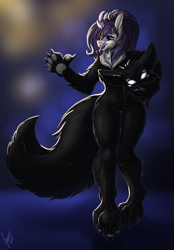 Size: 1640x2360 | Tagged: safe, artist:stirren, imported from derpibooru, oc, oc:weel'kha, anthro, kirin, abstract background, disembodied head, fursuit, kirin oc, living clothes, living suit, paw pads, paws, pose, waving
