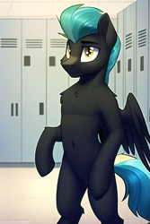 Size: 512x768 | Tagged: safe, imported from derpibooru, thunderlane, pegasus, pony, semi-anthro, ai content, ai generated, belly button, bipedal, chest fluff, generator:novelai, generator:stable diffusion, locker room, male, solo, stallion