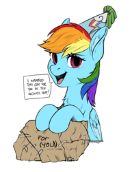 Size: 2002x2592 | Tagged: safe, artist:taytinabelle, color edit, derpibooru exclusive, edit, editor:maonyman, imported from derpibooru, rainbow dash, pegasus, pony, 10 seconds flat, birthday, birthday present, chest fluff, colored, colored wings, dialogue, ear fluff, female, folded wings, hat, looking at you, mare, open mouth, package, packaging, party hat, present, simple background, solo, speech bubble, two toned wings, white background, wings