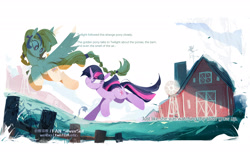 Size: 2314x1500 | Tagged: safe, artist:fan_silversol, imported from derpibooru, golden feather, princess celestia, twilight sparkle, pegasus, pony, unicorn, barn, female, grass, mare, unicorn twilight, windmill