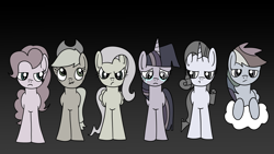 Size: 1920x1080 | Tagged: safe, artist:platinumdrop, imported from derpibooru, applejack, fluttershy, pinkie pie, rainbow dash, rarity, twilight sparkle, earth pony, pegasus, pony, unicorn, the return of harmony, crying, discorded, discorded twilight, flutterbitch, gradient background, greedity, liarjack, mane six, meanie pie, rainbow ditch, request, twilight tragedy, unicorn twilight