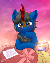 Size: 2082x2598 | Tagged: safe, artist:rivin177, imported from derpibooru, oc, oc:flare flare, oc:harvest duran, kirin, pony, blushing, candle, chocolate, commission, date, food, heart, heart eyes, hearts and hooves day, holiday, hooves, horn, kirin oc, message, no neck, raised hoof, ribbon, shy, smiling, solo focus, table, valentine's day, wingding eyes, ych result