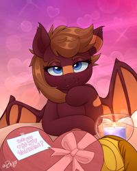 Size: 2082x2598 | Tagged: safe, artist:rivin177, imported from derpibooru, oc, oc:cocoa buei, bat pony, pony, candle, chocolate, commission, date, food, heart, heart eyes, hearts and hooves day, holiday, hooves, horn, message, no neck, raised hoof, ribbon, smiling, solo focus, table, valentine's day, wingding eyes, ych result