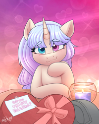 Size: 2082x2598 | Tagged: safe, artist:rivin177, imported from derpibooru, oc, oc:nightfall, bat pony, pony, unicorn, candle, chocolate, commission, date, food, heart, heart eyes, hearts and hooves day, heterochromia, holiday, hooves, horn, message, no neck, raised hoof, ribbon, smiling, solo focus, table, valentine's day, wingding eyes, ych result