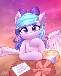 Size: 2082x2598 | Tagged: safe, artist:rivin177, imported from derpibooru, oc, oc:angela, pegasus, pony, blushing, candle, chocolate, commission, date, food, heart, heart eyes, hearts and hooves day, holiday, hooves, horn, message, no neck, not izzy moonbow, raised hoof, ribbon, smiling, solo focus, spread wings, table, valentine's day, wingding eyes, wings, ych result