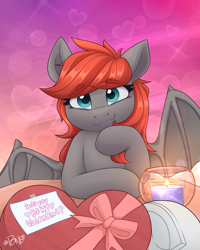 Size: 2082x2598 | Tagged: safe, artist:rivin177, imported from derpibooru, oc, oc:grem, bat pony, pony, blushing, candle, chocolate, commission, date, food, heart, heart eyes, hearts and hooves day, holiday, hooves, horn, message, no neck, raised hoof, ribbon, smiling, solo focus, spread wings, table, valentine's day, wingding eyes, wings, ych result