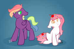 Size: 1280x853 | Tagged: safe, artist:sinclair2013, imported from derpibooru, oc, oc only, oc:icing delight, oc:soft ray, earth pony, pegasus, pony, duo, female, mare, sitting