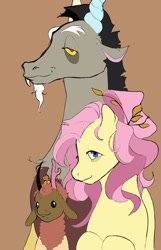 Size: 772x1202 | Tagged: safe, artist:limbteeth, artist:vilesmell, imported from derpibooru, discord, fluttershy, oc, oc:demure, draconequus, pegasus, pony, brown background, discoshy, female, lidded eyes, male, offspring, shipping, simple background, smiling, straight