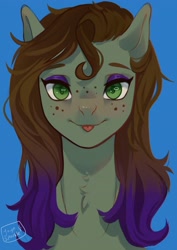 Size: 2480x3508 | Tagged: safe, artist:jaynsparkle, imported from derpibooru, oc, oc only, pony, blue background, blushing, commission, eyeshadow, female, looking at you, makeup, mare, simple background, smiling, smiling at you, solo, tongue out, traditional art