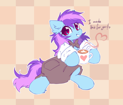 Size: 2100x1800 | Tagged: safe, artist:mirtash, imported from derpibooru, oc, oc only, oc:nohra, pony, bowtie, clothes, ear fluff, female, looking at you, mare, mug, sitting, smiling, smiling at you, solo, talking to viewer